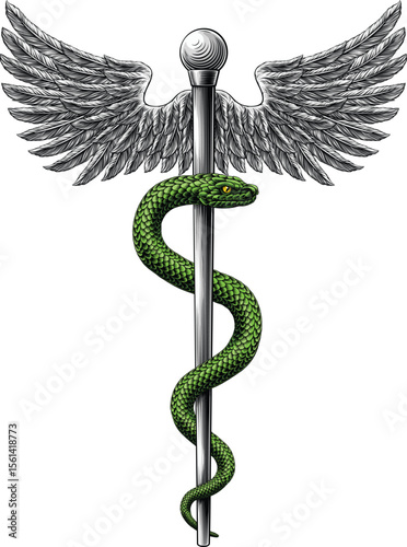 Rod of Asclepius staff medical symbol. Snake around rod or wooden staff. Often mistakenly called Caduceus. Doctor medicine and health care icon. Vintage woodcut etching style. Also features wings.