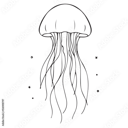 Simple hand drawn black outline of a jellyfish with long tentacles floating in the ocean water with small stars