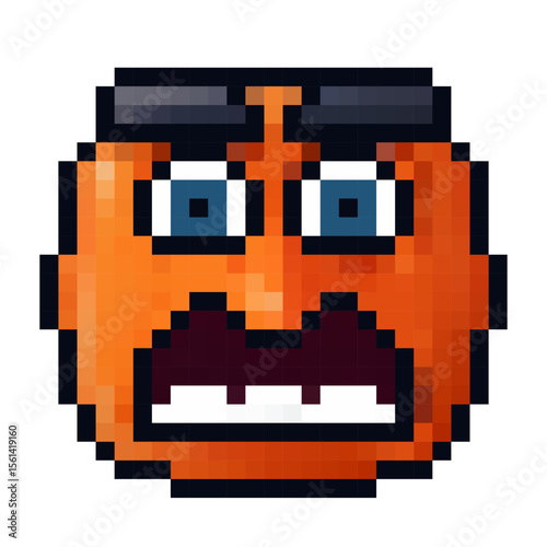 Orange pixelated face expressing shock and surprise with exaggerated features and bright colors displayed on a white background