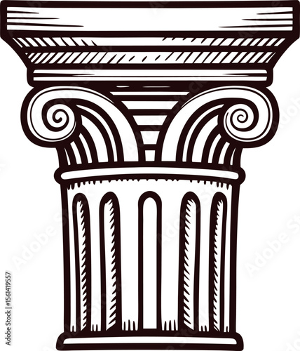 Hand drawn classical ionic column capital with scrolls and fluted shaft in vintage engraved illustration