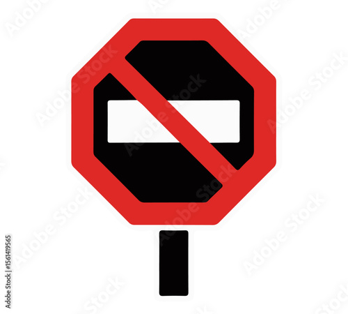 No Entry / Do Not Enter Prohibition Sign. Red octagonal "No Entry" sign on a pole, symbolizing forbidden access or "do not enter" for traffic or areas