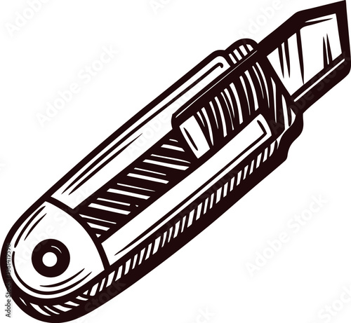 Hand drawn utility knife illustration with retractable blade vintage engraving isolated on white background