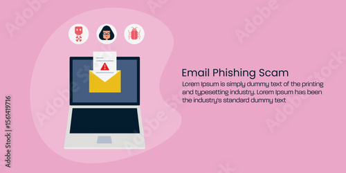 Email phishing alert on open mail laptop screen, malicious bug, hacker attack and cyber threat skull highlights data breach.