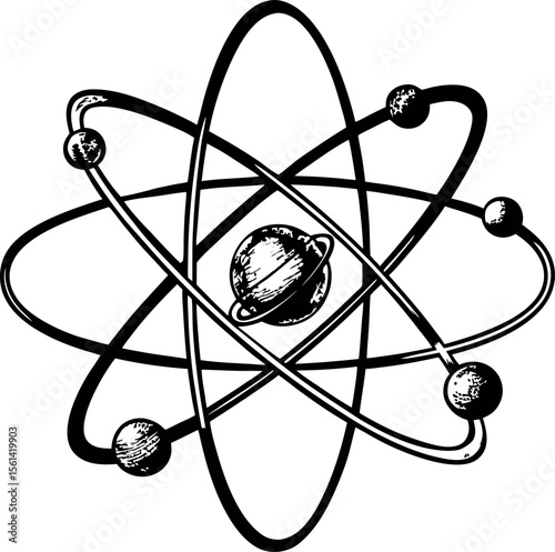 Hand drawn atomic structure illustration with orbiting electrons and central nucleus vintage engraving science icon