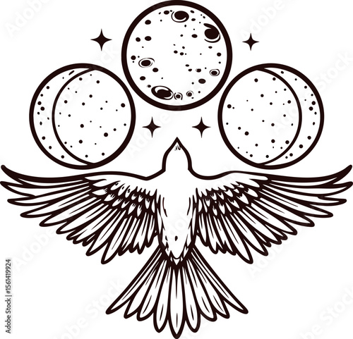 Winged bird flying below three moon phases with stars in vintage engraved black and white illustration