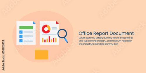 Office operation checklist, visualised business analytics and digital documentation under magnifier.