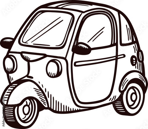 Hand drawn illustration of compact three wheeled car with vintage isolated on white background