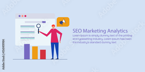 SEO marketing expert with magnifier standing beside search engine results, web traffic and ranking graph indicates performance.