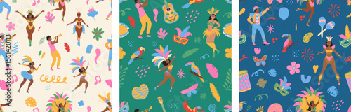 Carnival in Brazil. Seamless pattern set with bird, dancing people, flowers. Modern vector illustration