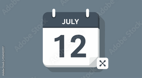 July 12th Calendar Date with Delete/Remove Icon. Minimalist calendar icon showing "JULY 12" with a delete/remove "X", symbolizing event cancellation or deletion.