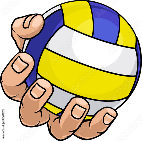A mascot person hand or fist holding a volleyball ball