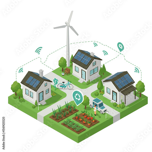 Smart eco-village with solar homes, wind turbine, and community garden.  Sustainable living showcased through renewable energy and technology integration.