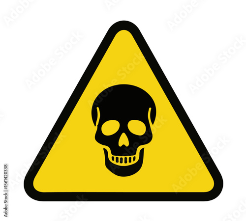 Yellow Skull and Crossbones / Poison Hazard Warning Sign. Yellow triangular warning sign with a black skull and crossbones, indicating poison, toxic substances, or extreme danger