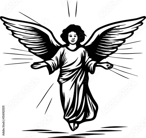 Hand drawn vintage angel illustration with large wings open and radiant light engraved line art black and white