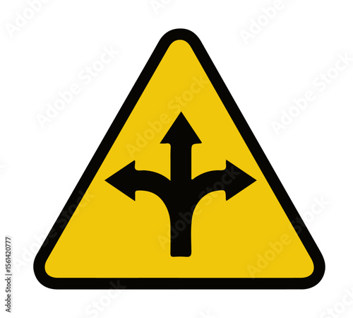 Yellow Intersection / Crossroads Warning Sign. Yellow triangular warning sign with a crossroads/intersection arrow symbol, essential for road safety, navigation, and traffic management.