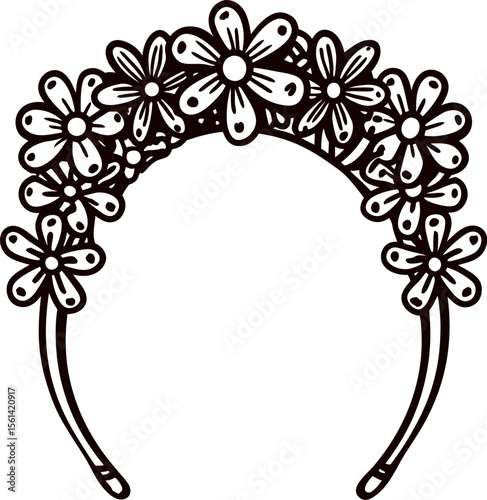 Hand drawn floral headband with daisy blossoms isolated on white background monochrome line art illustration