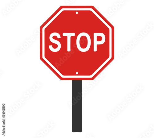 Classic Red Stop Sign on Post. Classic red octagonal stop sign on a pole, with "STOP" in white. Essential for road safety, traffic management, and conveying a mandatory halt.