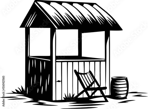 Wooden market stall with tin roof, folding chair, and barrel in vintage black and white sketch