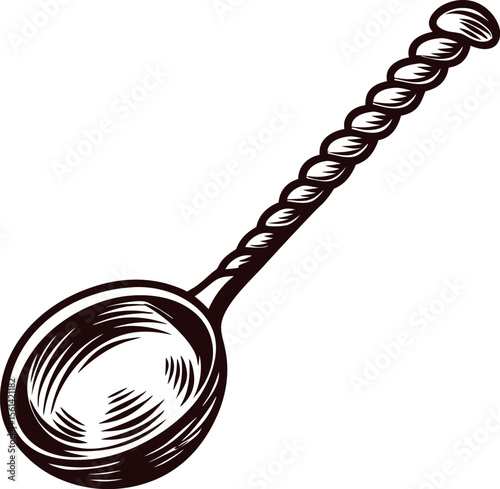Vintage sketched twisted handle spoon isolated on white background hand drawn kitchen utensil engraving illustration