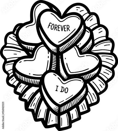 Hand drawn sketch of heart shaped candies with forever and i do text on candy wrapper top view