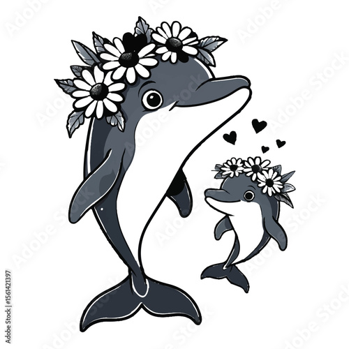 Adorable mother and baby dolphins wearing flower crowns and surrounded by hearts on a white background