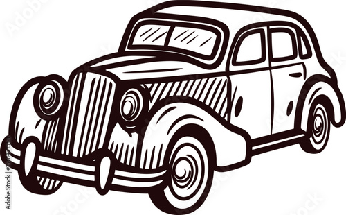 Hand drawn classic vintage car isolated retro automobile in black ink line art illustration