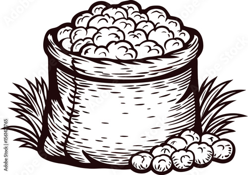 Hand drawn sack filled with potatoes with grass and potato pile, vintage sketch illustration