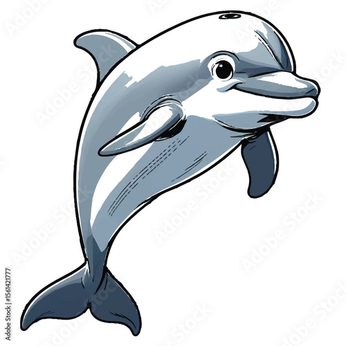 A cheerful cartoon illustration of a grey dolphin with a black outline smiling and leaping out of the water against a white background