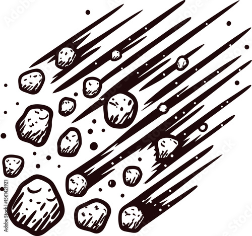 Vintage hand drawn meteor shower illustration with detailed cosmic rocks and streaks on white background