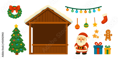 Festive Christmas Market Stall with Santa, Gifts, Christmas Tree, Gingerbread, Stockings, and Holiday Decorations for Winter Holidays and Celebrations.