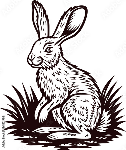 Hand drawn hare sitting in grass vintage engraving illustration of wild rabbit with detailed fur and long ears