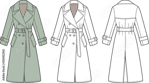 Classic Women's Double-Breasted Trench Coat, Timeless Fashion Outerwear, Elegant Apparel, Sophisticated Design, Business Attire, Versatile Wardrobe Essential, Professional Chic, Modern Style.