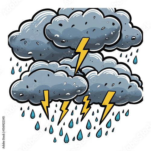 Cartoon illustration of a stormy sky with dark gray clouds bright yellow lightning bolts and falling blue raindrops on a white background