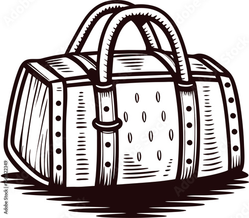 Hand drawn vintage travel duffel bag illustration with stitched handles and decorative details