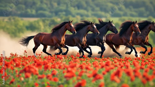 Beautiful brown horses gallop through a vibrant poppy field, their manes and tails flowing in the wind as they kick up dust in the golden sunlight