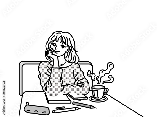 カフェのテーブル席で頬杖をついている若い女性