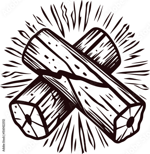 Vintage engraved illustration of two crossed firewood logs with radiating lines on white background