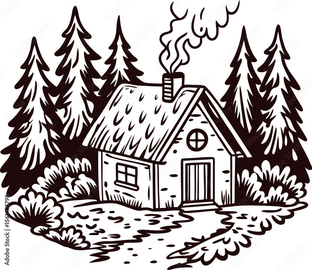 Obraz premium Rustic cabin with smoking chimney in pine forest, hand drawn illustration with trees and natural landscape
