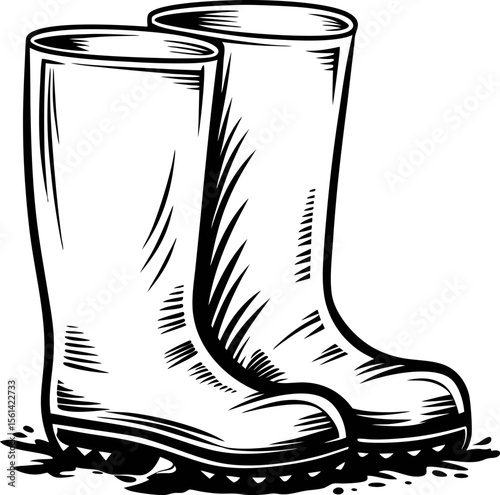 Vintage engraved illustration of rubber rain boots standing in a puddle with classic hand drawn lines