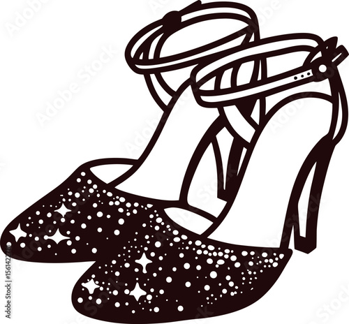 Elegant high heel shoes with ankle straps and sparkling star pattern illustration