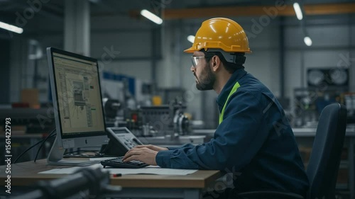 Male Engineer In Hard Hat Working On Computer In Industrial Setting
