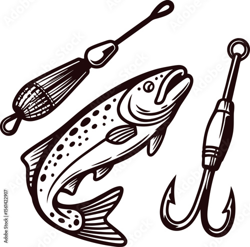 Detailed engraved trout fish with vintage fishing hook and lure isolated on white background illustration