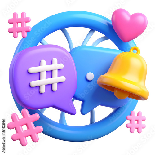 Social Media Engagement: A 3D render composition of heart and bell and speech bubble and hashtag as a symbol of digital interaction, community building.