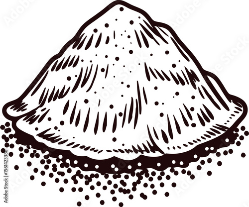 Hand drawn illustration of a mound of sand or powder with scattered granules isolated on white background