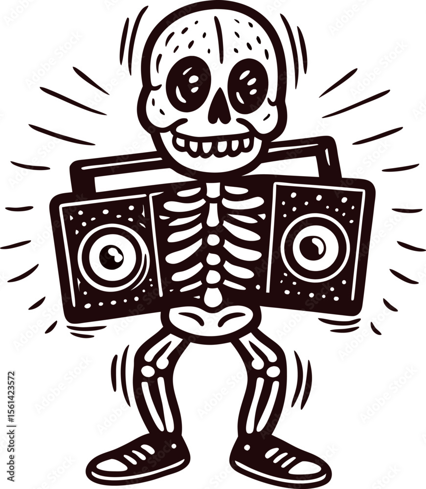Dancing skeleton holding boombox with smiling face and energetic motion lines illustration Dancing skeleton holding boombox with smiling face and energetic motion lines illustration