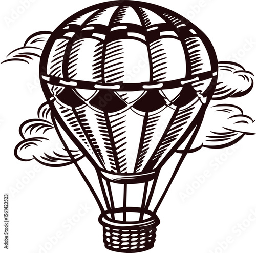 Hand drawn vintage hot air balloon with detailed basket and drifting clouds illustration