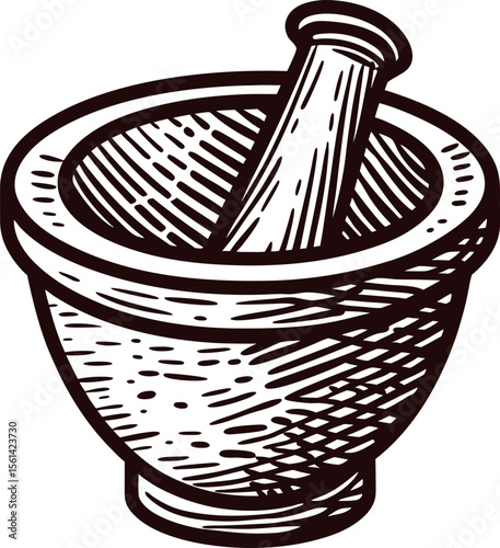 Hand drawn mortar and pestle illustration in vintage engraved isolated on white background