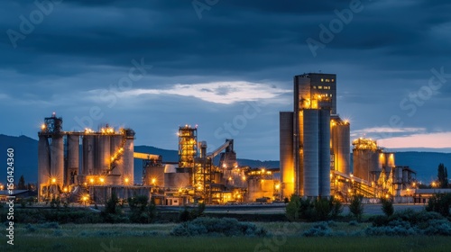 Cement factory at dusk with grain silos and illuminated equipment, an industrial landscape with a grassy field in the background.