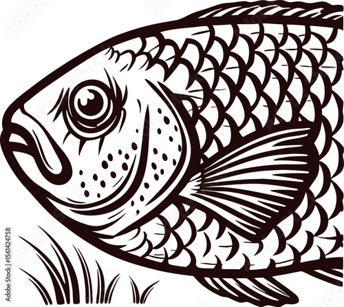 Detailed hand drawn fish illustration in vintage with scales and fins, aquatic animal line art on white