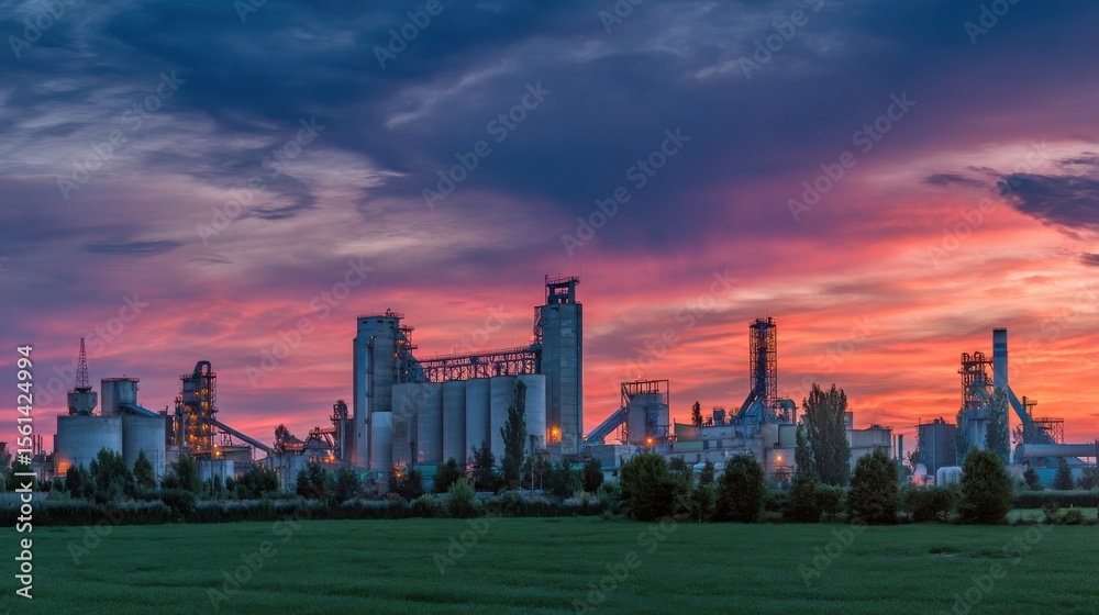 Fototapeta premium Colorful sky at dusk, with a cement factory and green field in the background. An industrial plant with silos for building materials production.